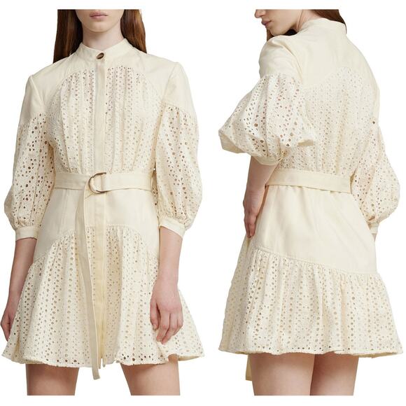 Acler Moore Mini Dress Belted Linen Puff Sleeve Boho Chic Cottagecore Cream 10
